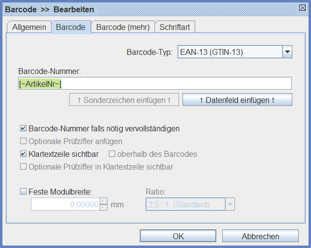 Screenshot Barcode-Eigenschaften