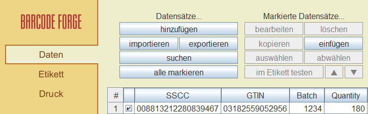 Tabelle mit Daten für das GS1 Transportetikett