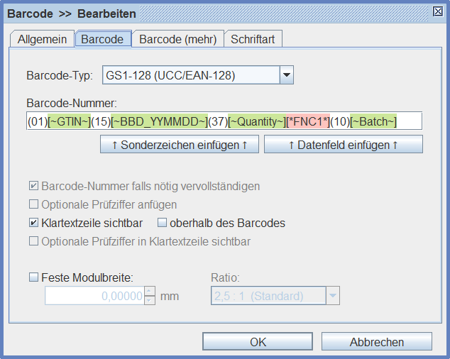 Eingabe von Informationen für die Barcodes